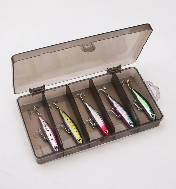 Small silver fish lure pencil bait with double hooks, set of five in storage box