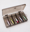 Small silver fish lure pencil bait with double hooks, set of five in storage box