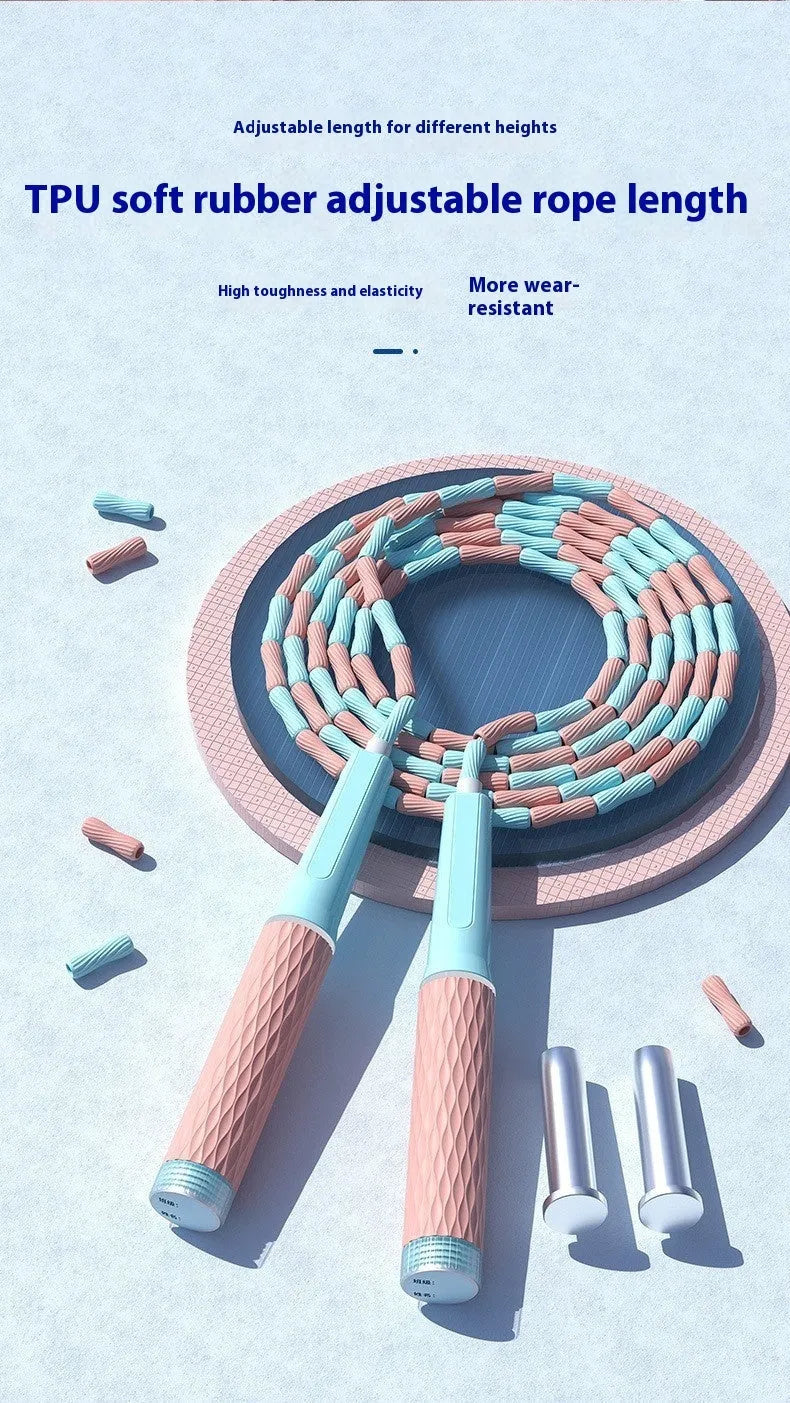 Children's skipping rope with bamboo beads in pink, blue, purple or green colour, 2.8 metres long