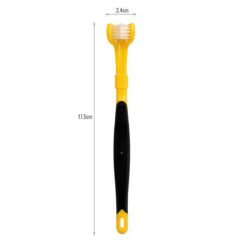Three-head plastic pet toothbrush in 175x24x15mm size for oral cleaning, available in five colours