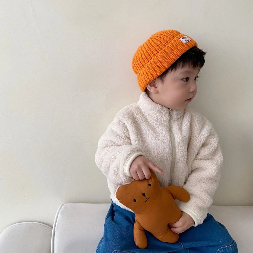 Kids sherpa fleece winter coat with full-zip front, standing collar, and elastic cuffs in solid colours