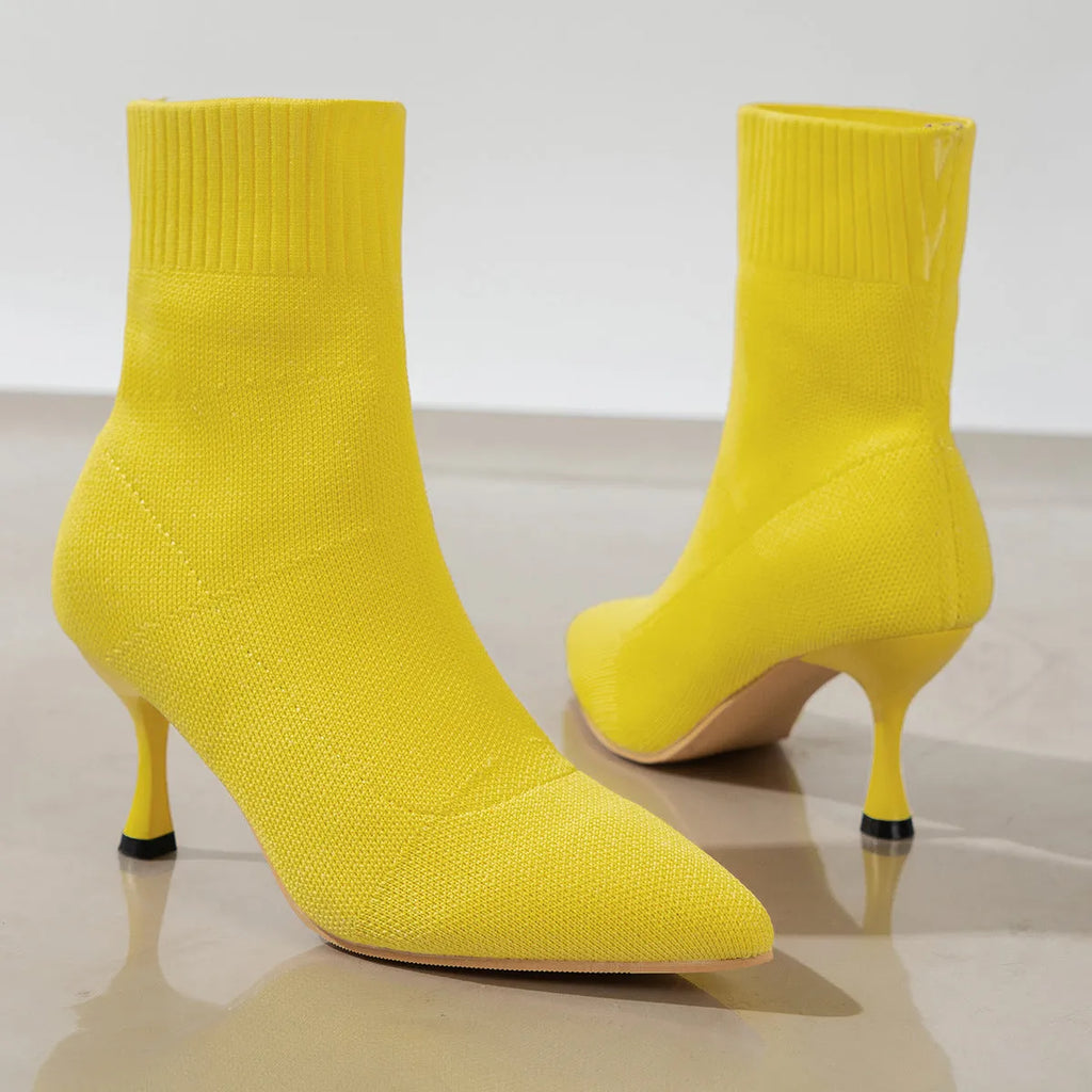 Fashion pointed toe stiletto ankle boots with knitted elastic fly-woven construction in beige colour