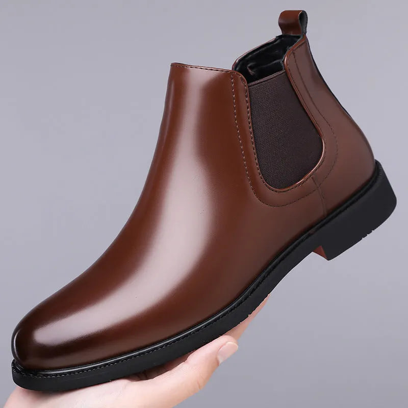 Men's brown fleece-lined Martin boots with tassel detail, rubber sole, and PU leather upper for outdoor use