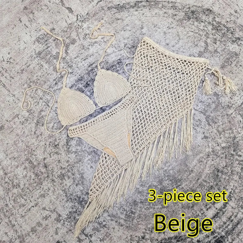 Women's handmade crochet three-piece bikini set with skirt in blue colour
