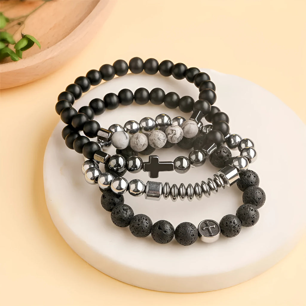 Volcanic colour agate geometry bracelet with stainless steel clasp showing 10mm geometric beads