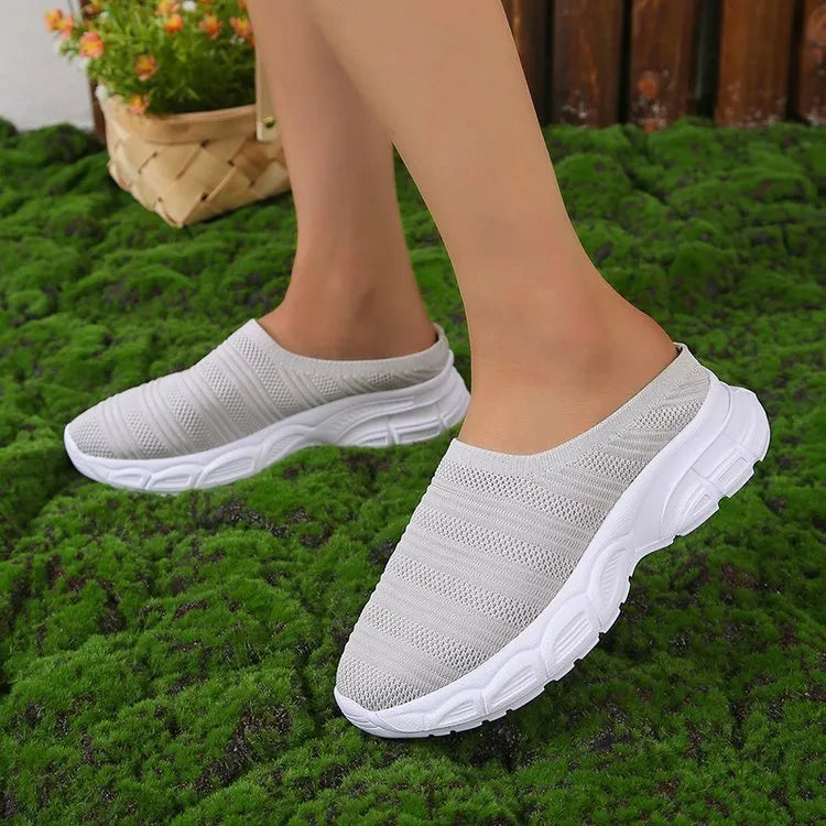 Women's mesh lazy semi slipper casual wedge heels round toe breathable upper rubber sole available in multiple colours sizes 35-43
