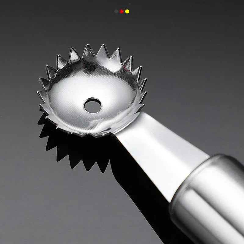410 stainless steel strawberry stem remover on a light background, showing handheld design
