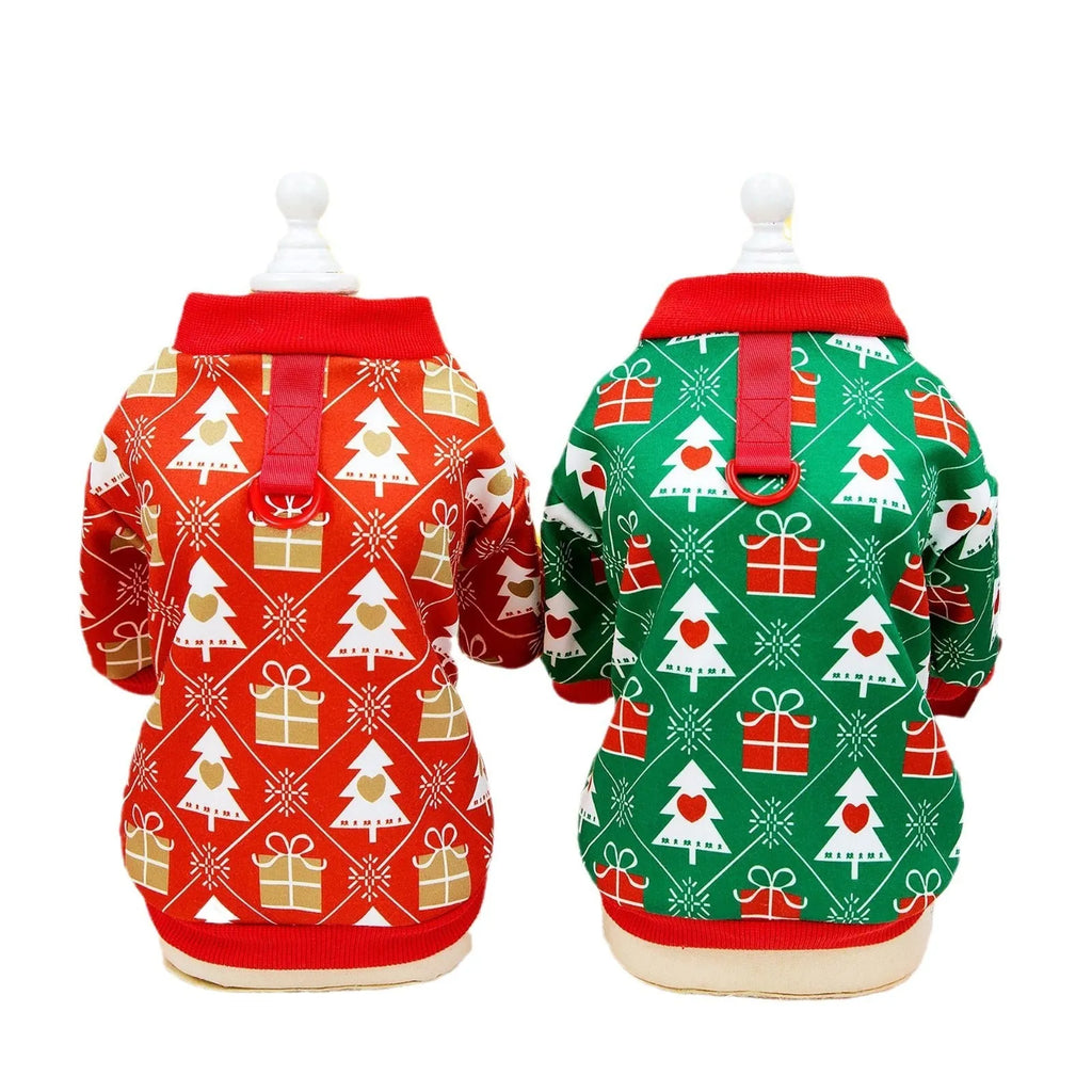 Festive green and red Christmas tree polyester hoodie for dogs, five sizes available
