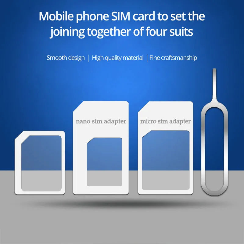 SIM restore four-in-one set with black Nano to Standard adapter and picking pin on white background