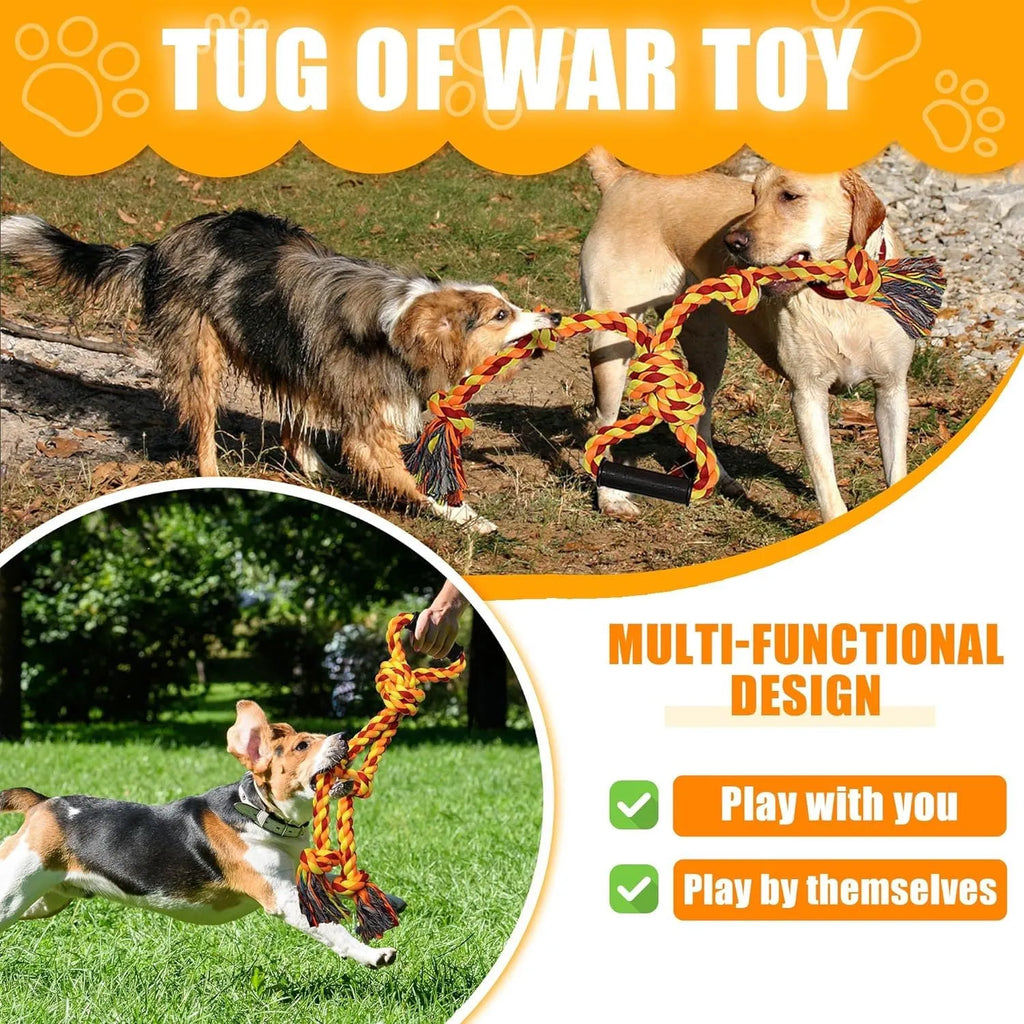 Blue and yellow woven cotton dog tug toy with ergonomic handle for large breed dogs.