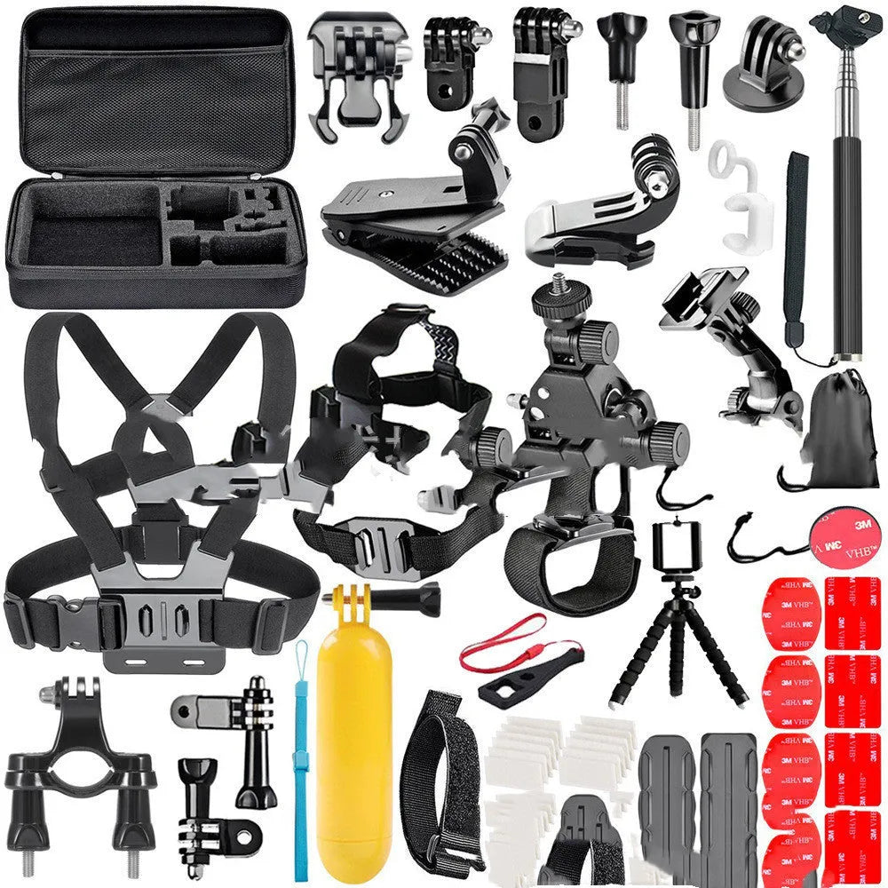 Black Gopro accessories set with chest strap mount, helmet mount and tripod compatible with Hero cameras and iPhones