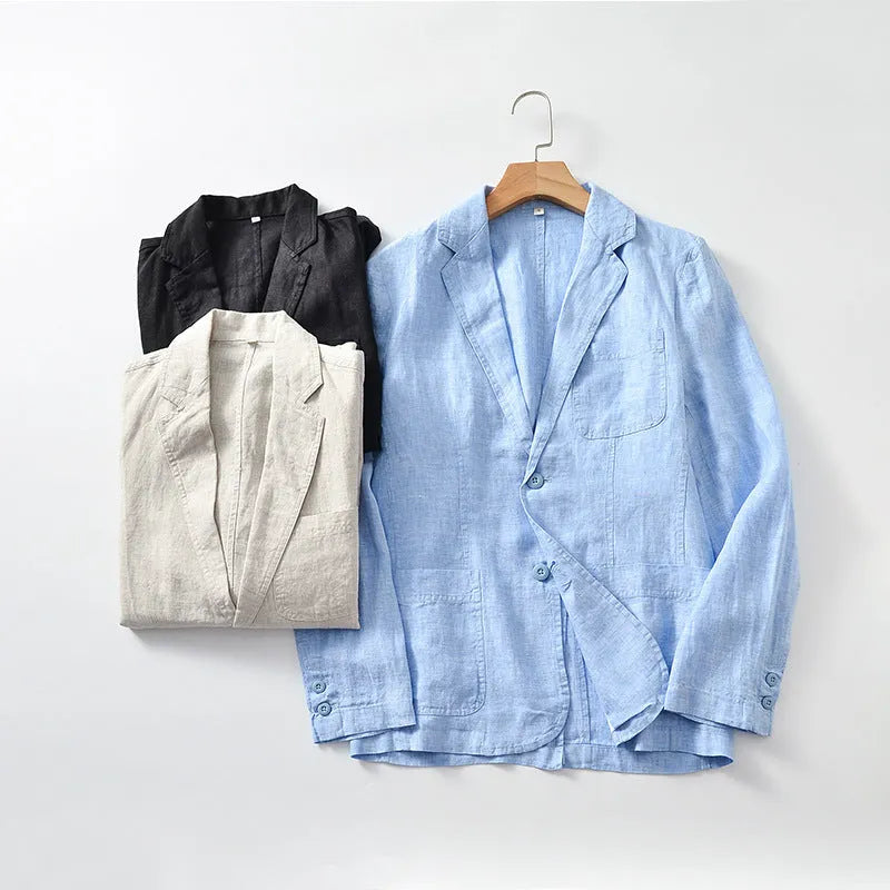 Men's solid colour linen suit coat with a stick pocket on a hanger.