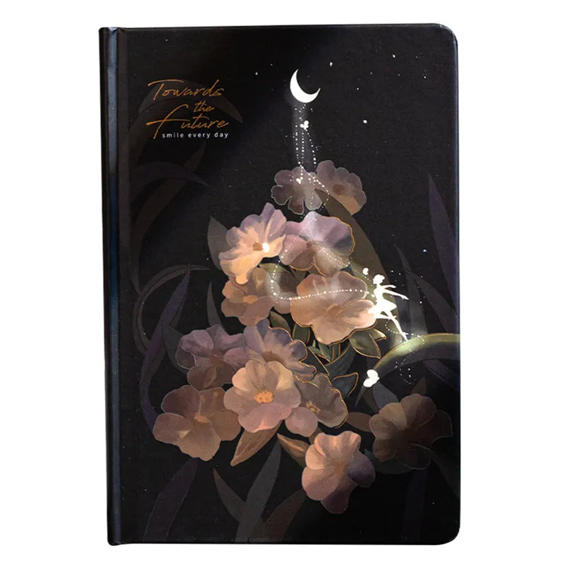 A5 notebook with luminous cover open to show colourful illustration pages, in Deep Blue, Gold, Light Blue, and Purple colour options.