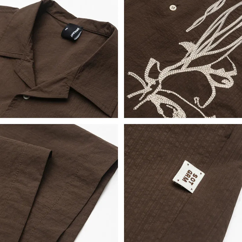 Brown striped outdoor short sleeve shirt with Cuban collar on a hanger.