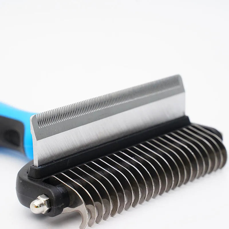 Two-in-one pet hair unknotting comb with stainless steel teeth and ABS TPR handle, available in black, blue, or pink