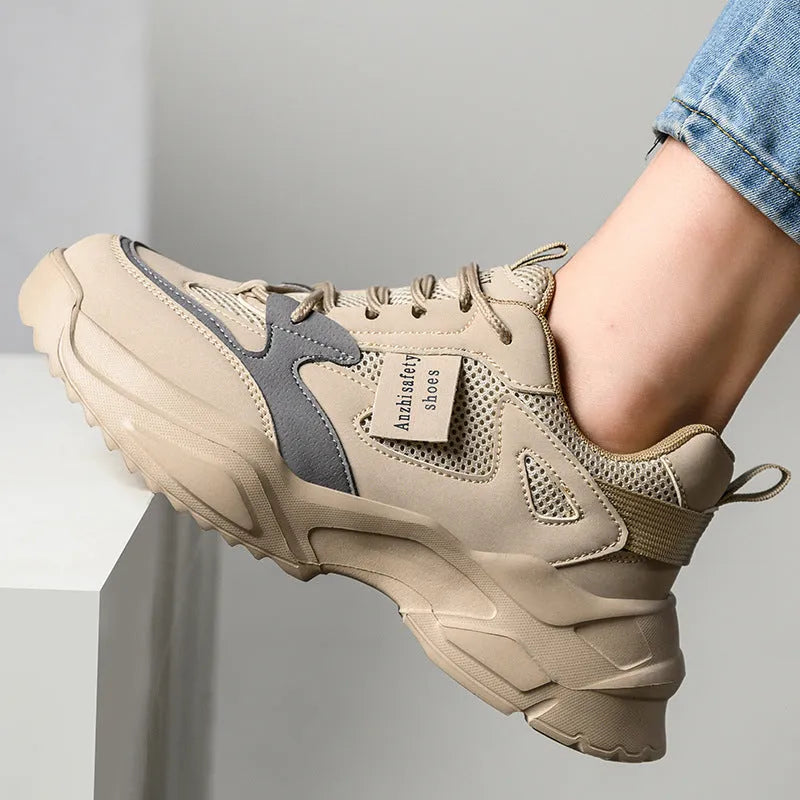 Women's anti smashing lightweight labour protection shoes in khaki with plastic toe cap and EVA sole