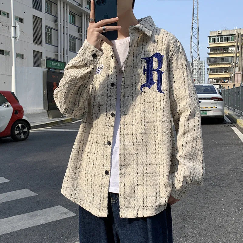 Spring embroidered letter plaid tide jacket for men and women in black, long sleeve polyester blend
