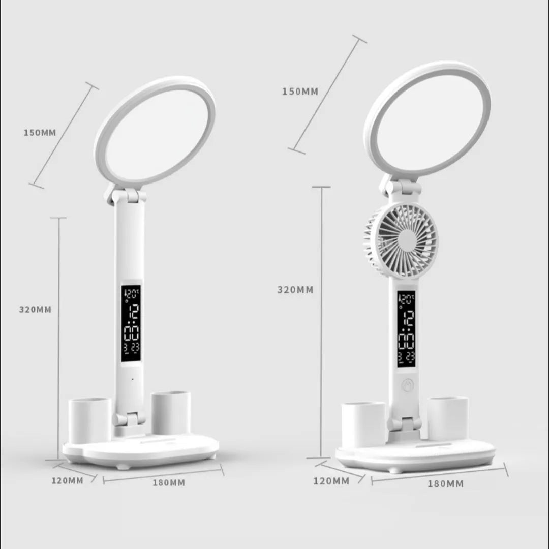 LED clock table lamp with USB rechargeable battery, fan attachment, and digital display on a desk