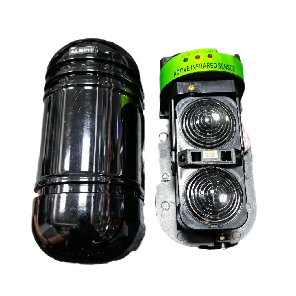 Black outdoor infrared security detector with dual-beam technology for perimeter protection