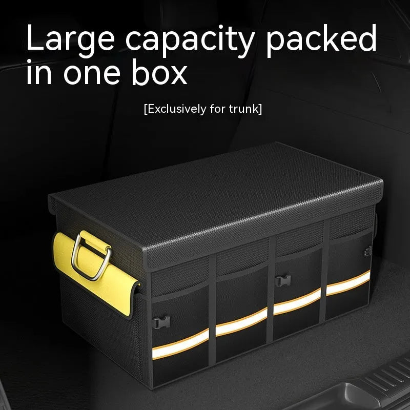 Black and yellow foldable fabric car boot storage organiser bag with handle in three size options.