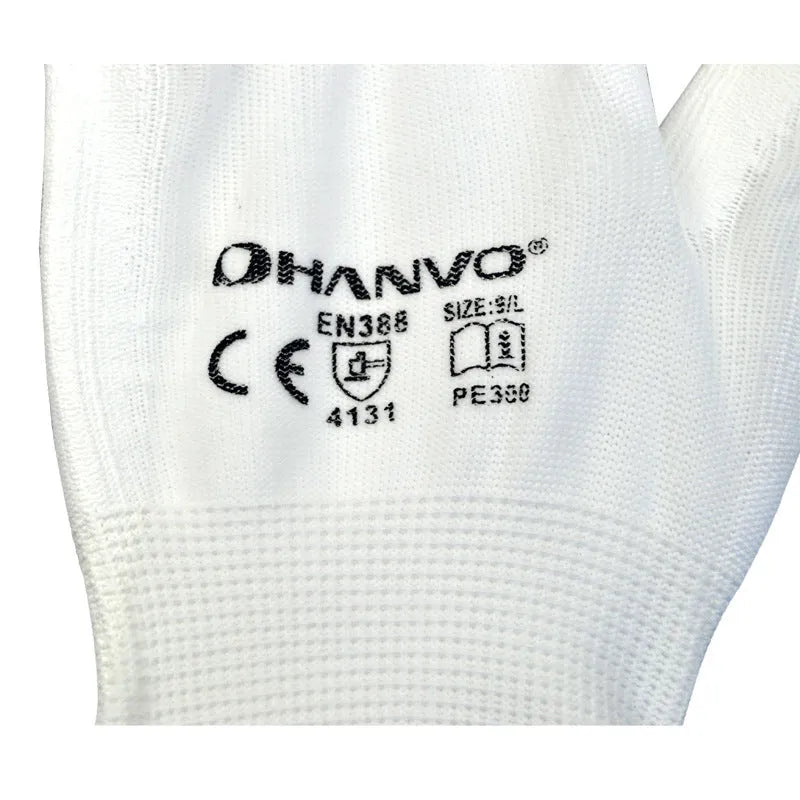Pack of 10 white PU coated labour gloves showing the wrist length and textured coating.