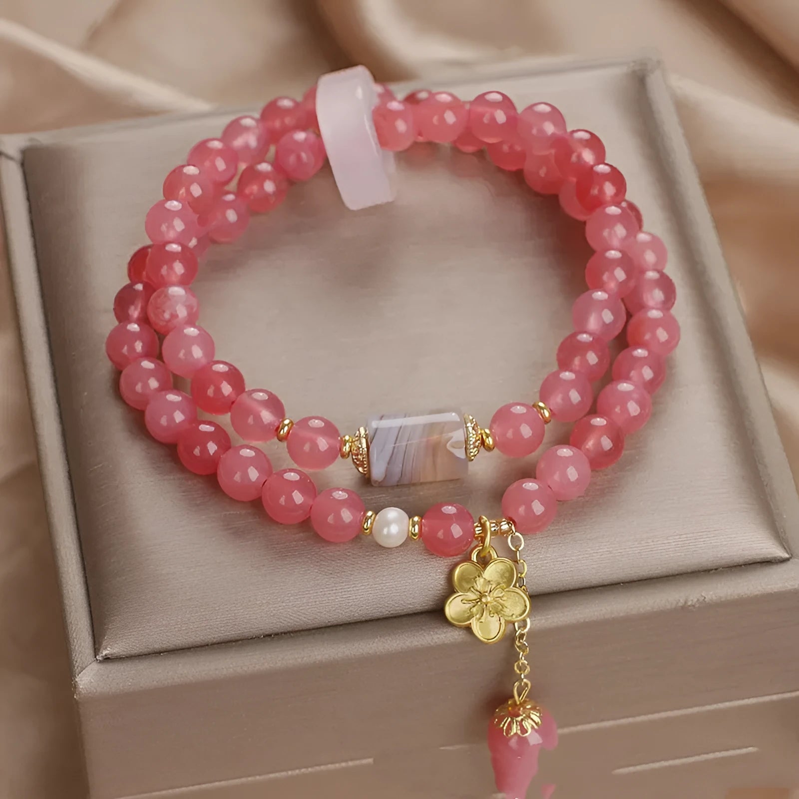 Natural pink chalcedony agate beaded bracelet with auspicious pattern for women