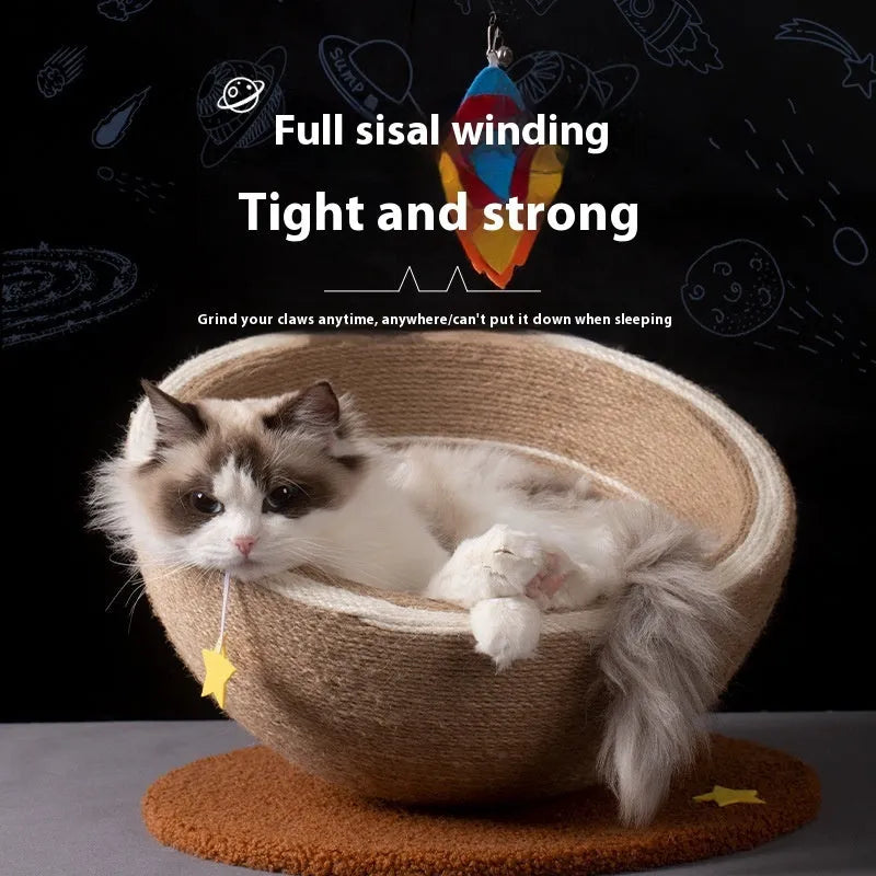 Large integrated cat scratching post and flannel-lined basin bed in starlight sisal nest colour
