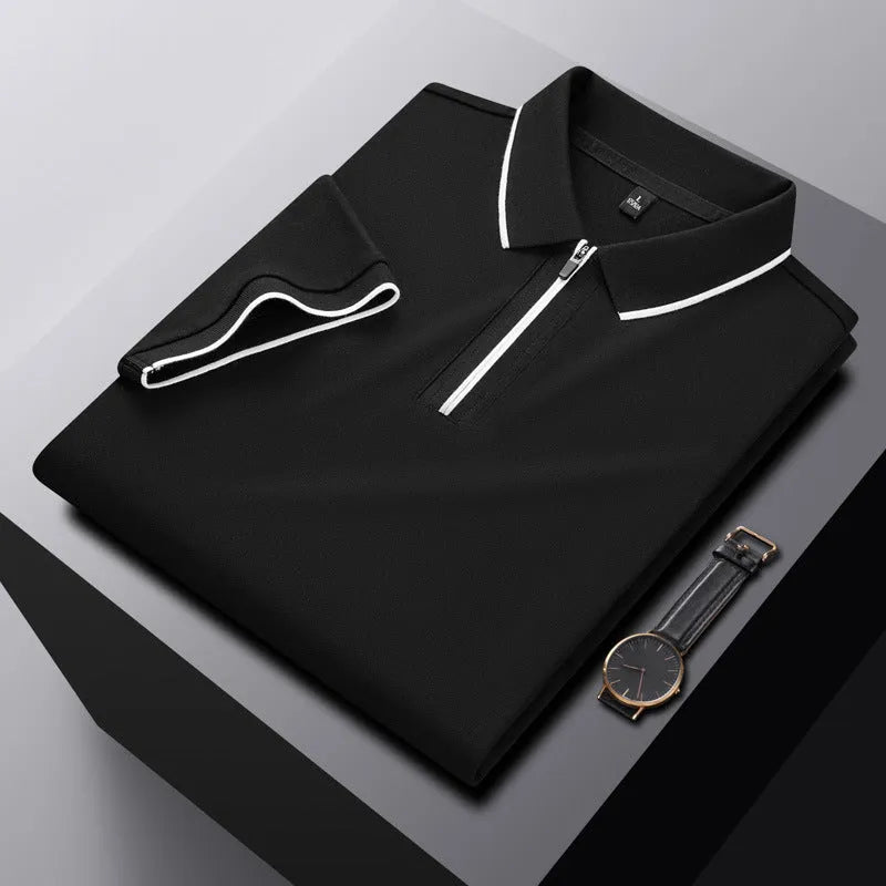 Men's solid colour polo shirt with a zipper front closure, shown in beige apricot.