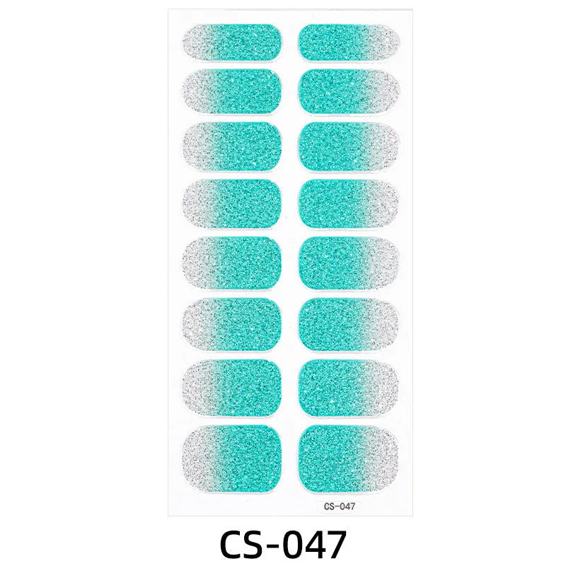 Assorted nail sticker designs including cartoon, love heart, and starry sky patterns on bare clip-on nails with a nail file