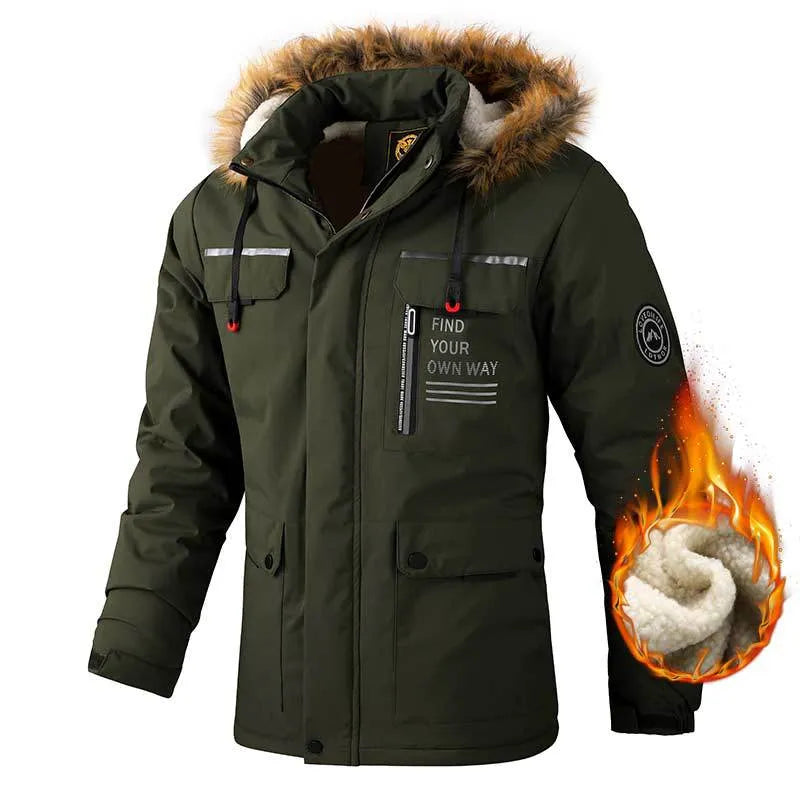 Men's casual hooded windproof parka in Army Green with fur collar, British style, multiple pockets