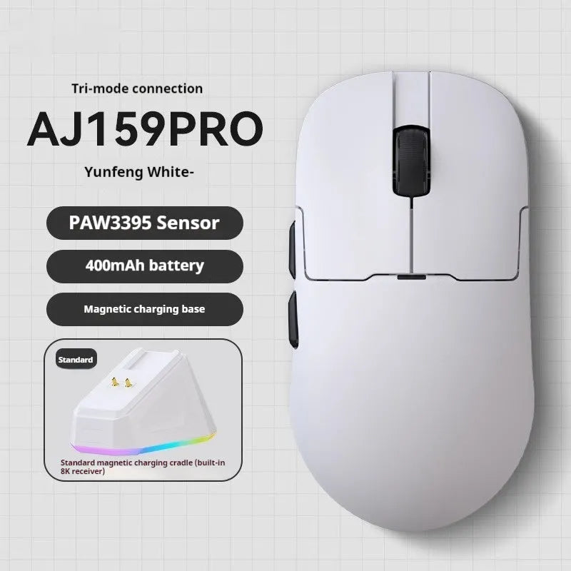 AJ159 gaming mouse in Yunfeng White colour with compact design showing three connection modes