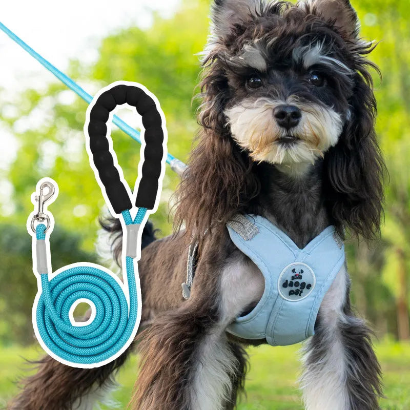 Polyester dog vest and hand holding rope set in blue, green, pink or yellow colour options