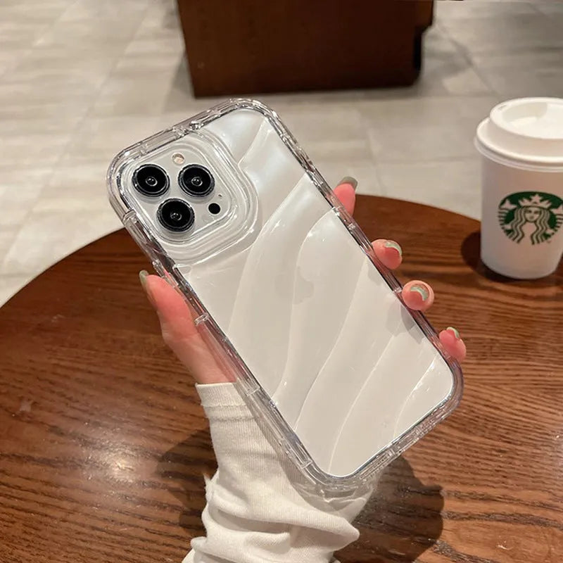 Transparent silicone phone case with embossed texture for iPhone, shown in clear finish