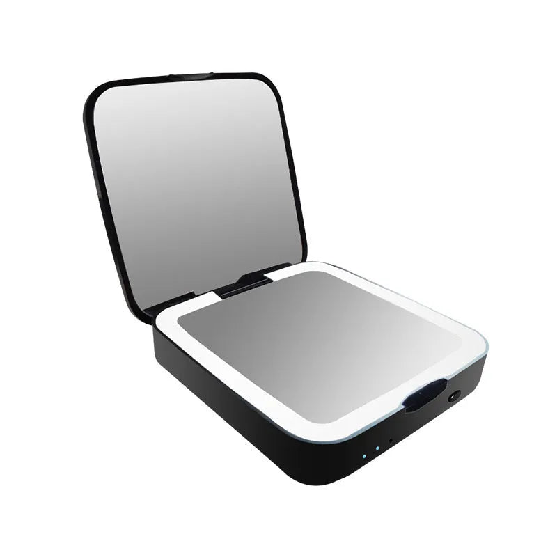 LED makeup mirror with magnification showing adjustable lighting controls and dual mirror surfaces