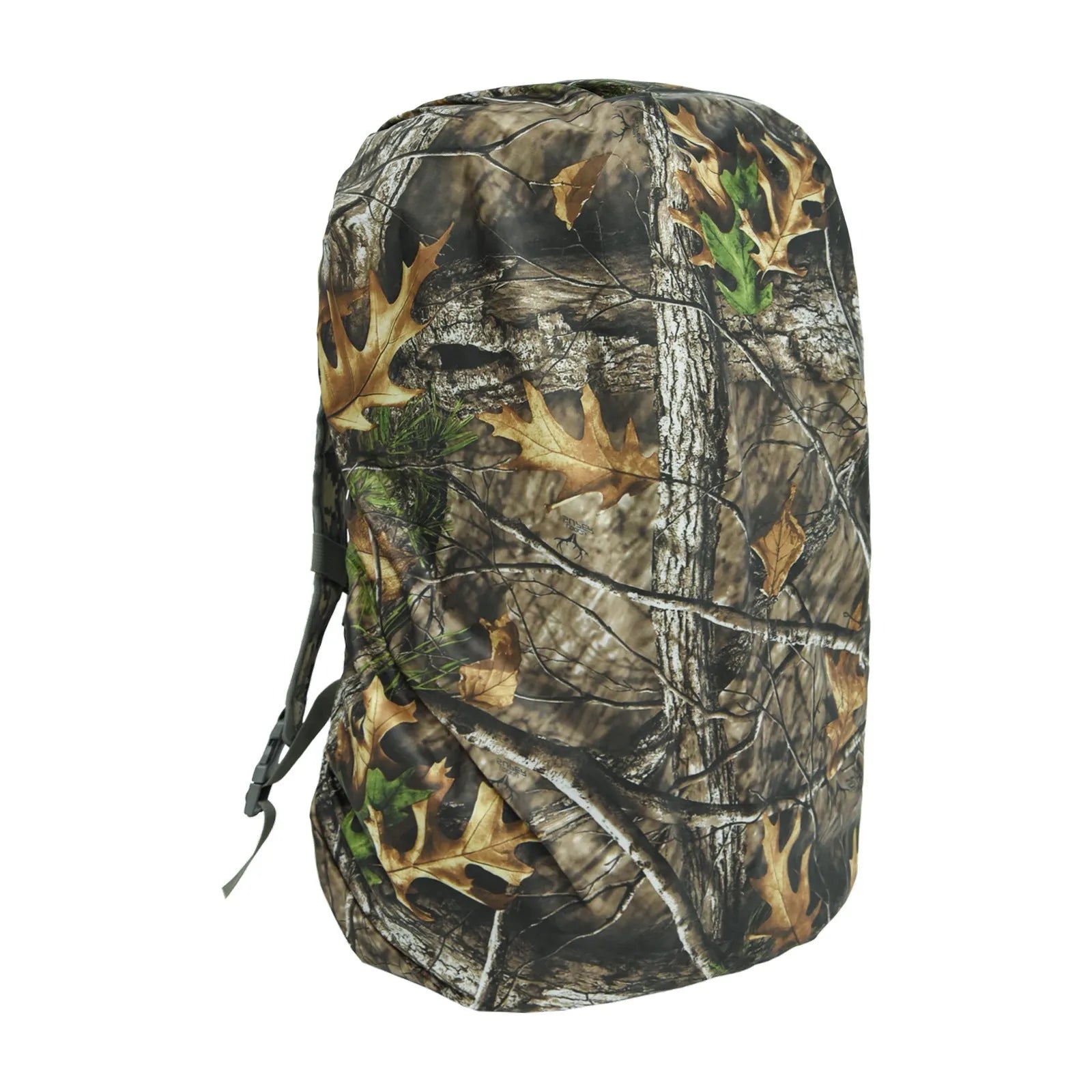 Army green waterproof backpack rain cover fitted over an 80L hiking rucksack.