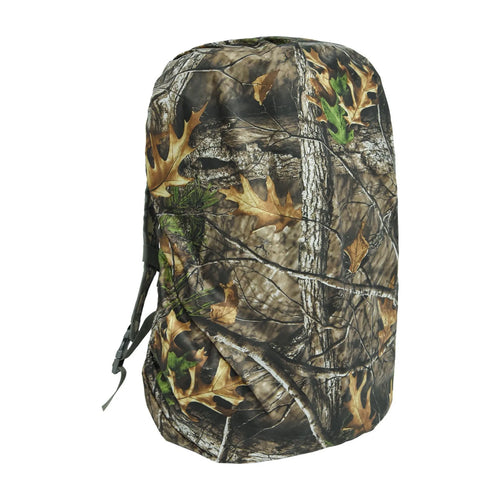 Army green waterproof backpack rain cover fitted over an 80L hiking rucksack.