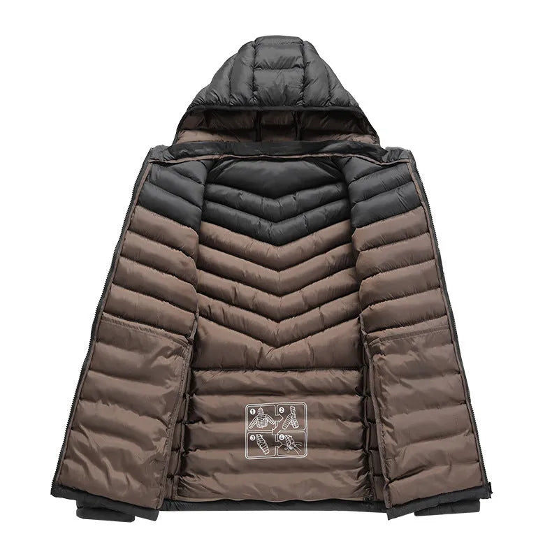 Men's lightweight solid-colour hooded down jacket with a detachable collar and zipper pockets.