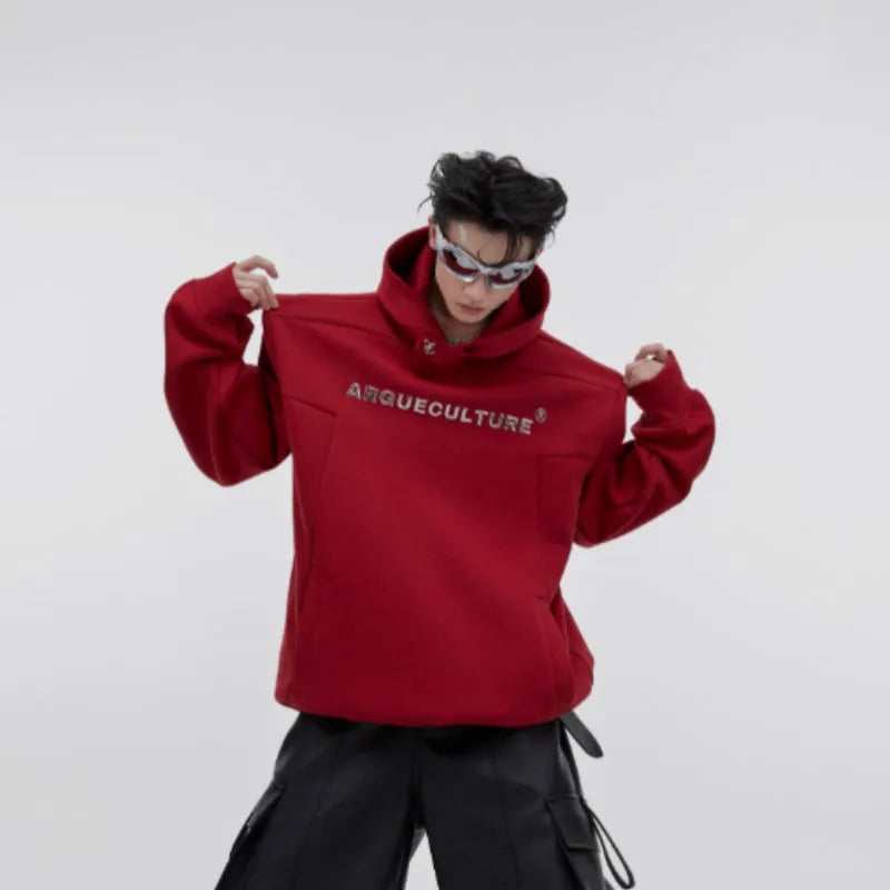 Men's loose hooded sweater with metal three-dimensional printing and structured shoulder pads
