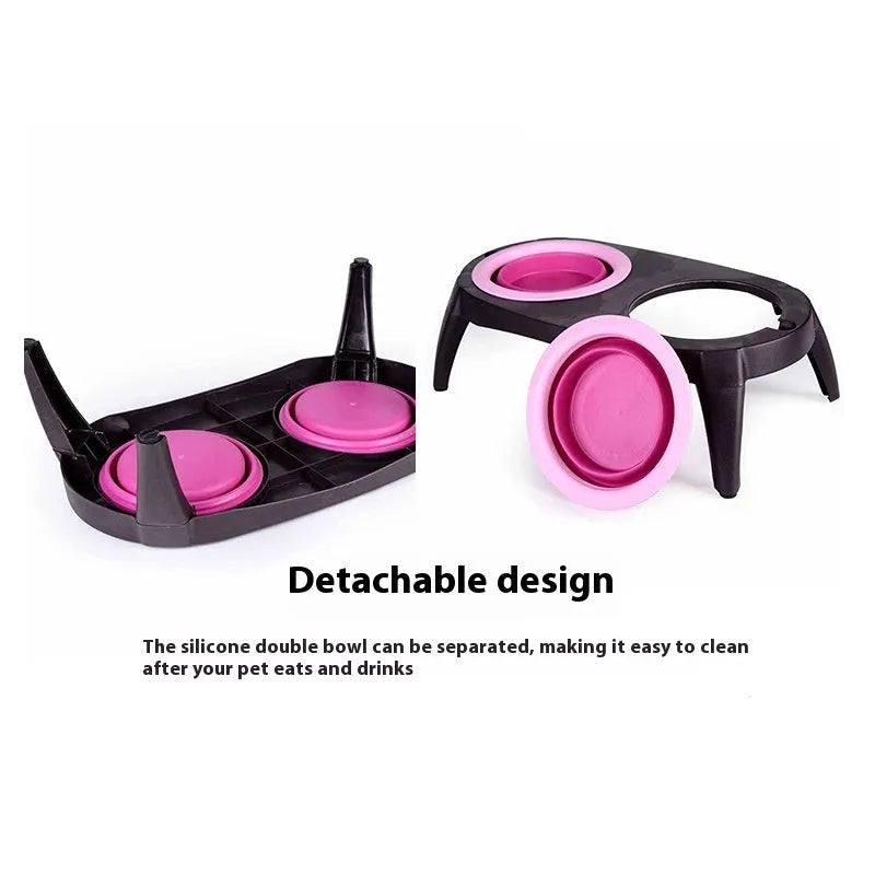 Blue folding double bowl pet feeder made from TPR and PP materials showing non-slip base and two compartments