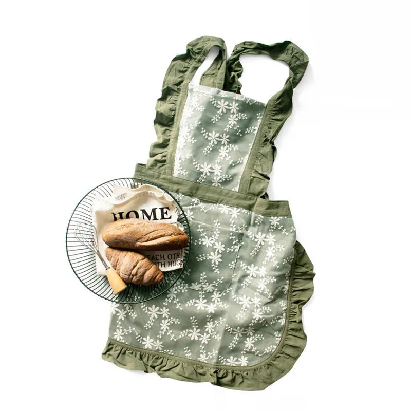 Cotton linen lace X strap apron in light pink colour on white background kitchen household use