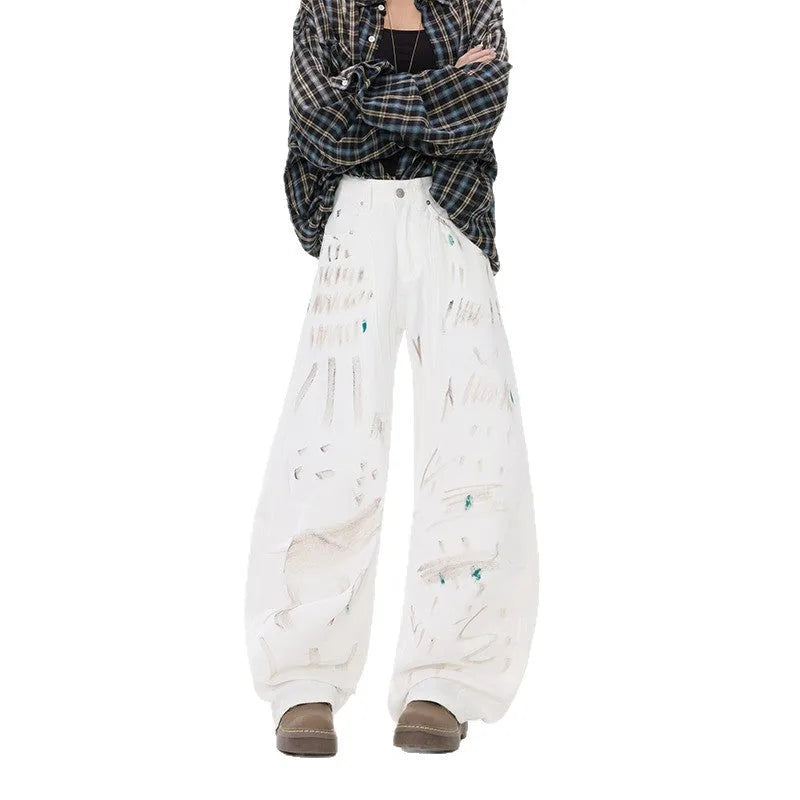 White straight leg jeans with dirty graffiti machete print for women, mid-rise non-stretch denim cotton, front view
