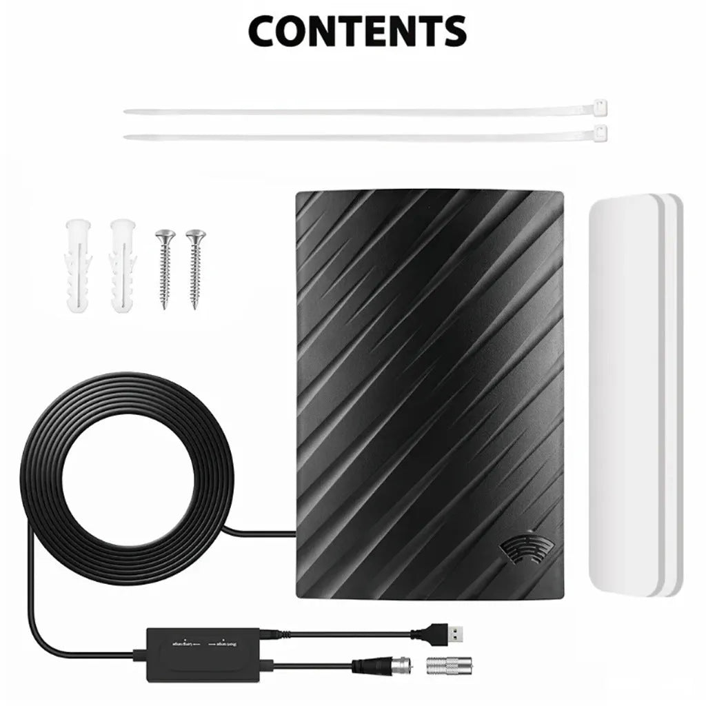 Black digital TV antenna with mounting accessories including expansion tubes and screws