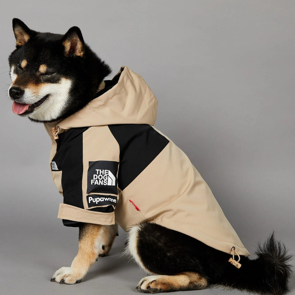 Khaki-coloured polyester dog shell coat shown on a model, sizes S to 5XL