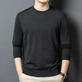 Round neck wool and mulberry silk men's sweater in black long sleeve pullover