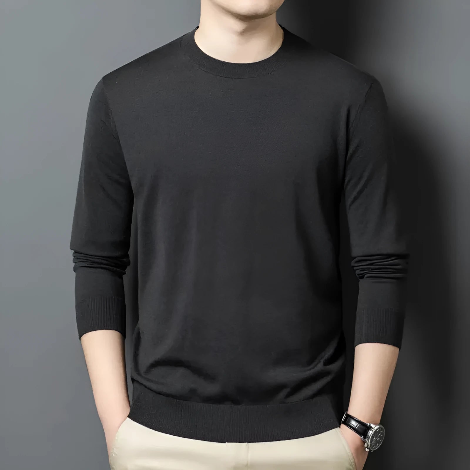 Men's round neck long sleeve sweater in wool and mulberry silk, shown in a choice of colours for winter.