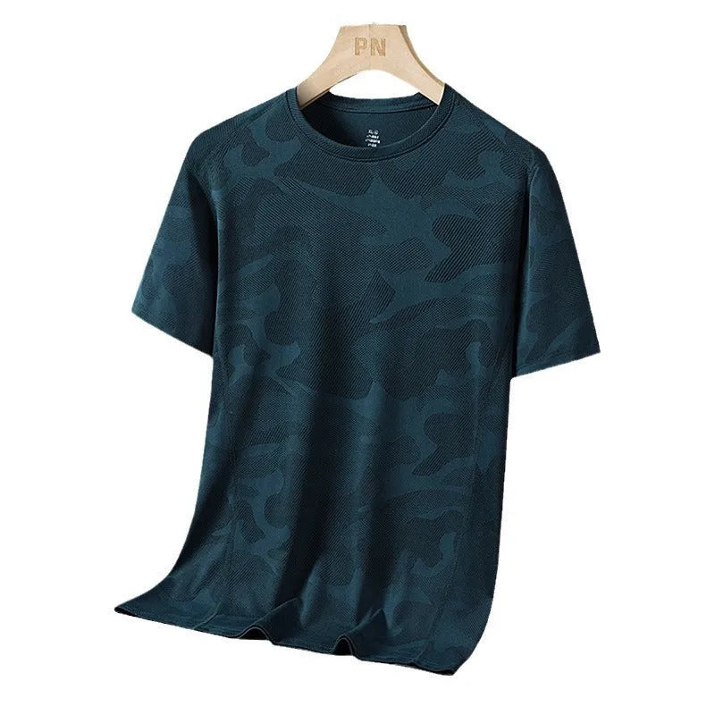Men's camouflage pattern short sleeve t-shirt in plus sizes on a hanger.