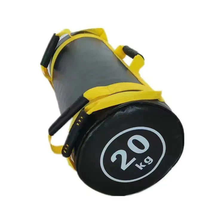 White PVC training sandbag for fitness and weight lifting, shown with weight options from 5KG to 30KG.