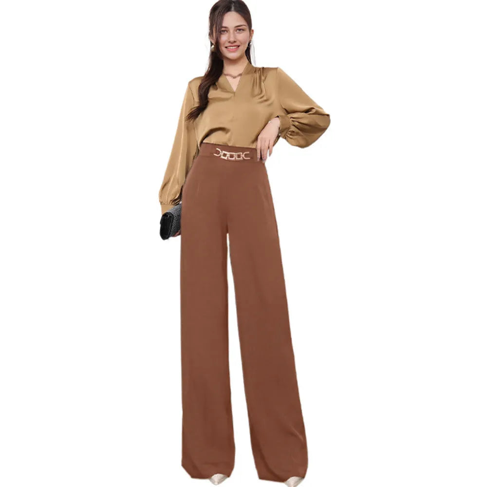 Solid colour draped wide leg pants for women, straight-leg polyester trousers with elastic waist, eight colour options