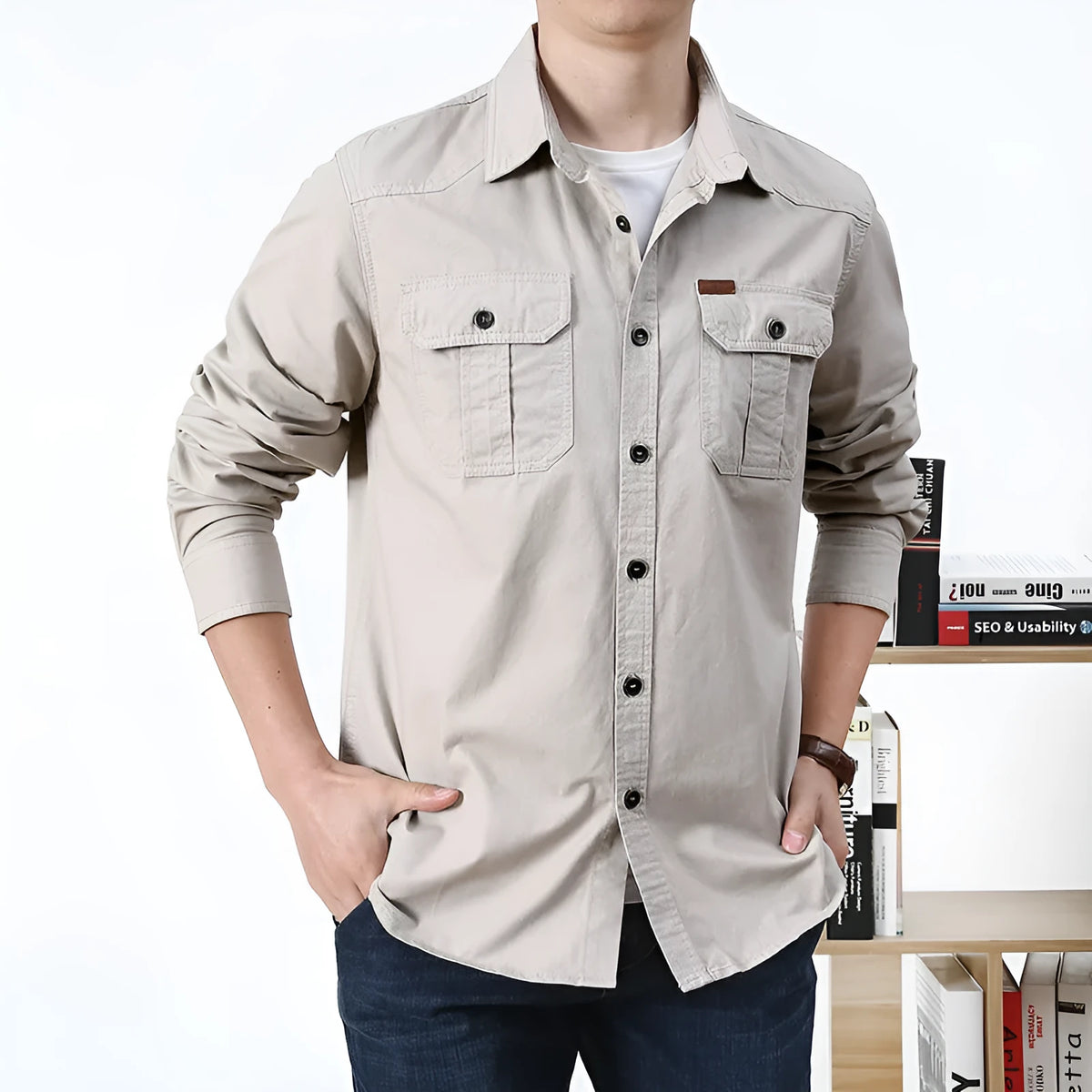 Men's cotton military-style loose fit long-sleeve shirt in army green, available in sizes M to 6XL