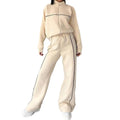 Two-piece striped casual suit with zip-front hoodie and matching trousers in various colours